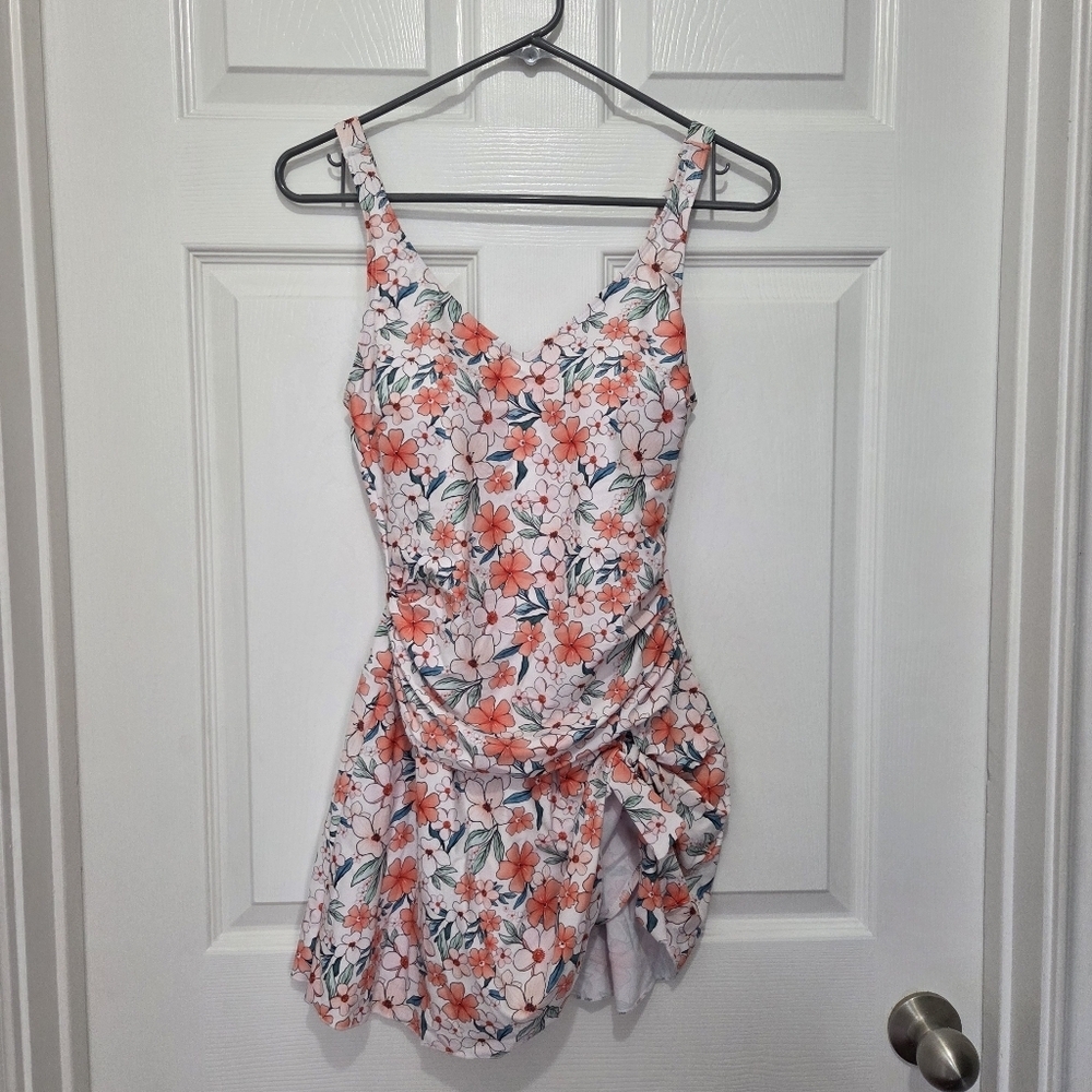 AIDONGER One Piece Women Tummy Control  Modest Skirt V Neck floral Swimdress M